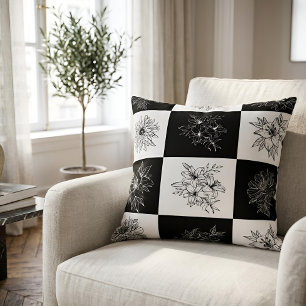 Chic Botanical Line Art Black & White Chequerboard Cushion
