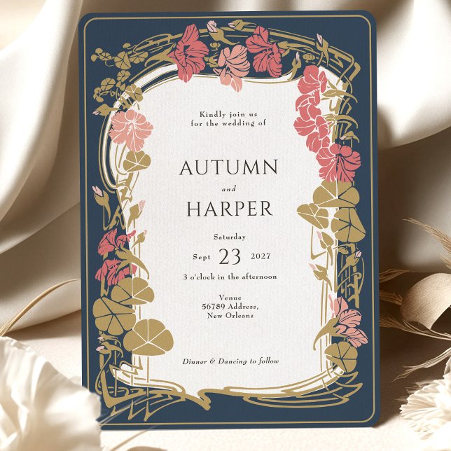 Chic Botanical Navy and Blush Wedding Invitation (Creator Uploaded)