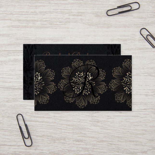 Chic Botanical Ornamental Gold and Premium Black Business Card (Front/Back In Situ)