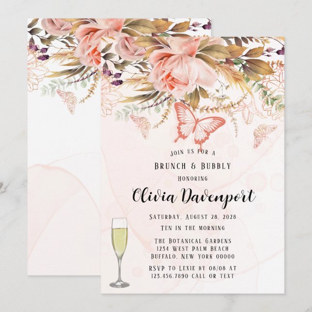 Chic Botanical Peony Butterfly Brunch & Bubbly Invitation (Front/Back)