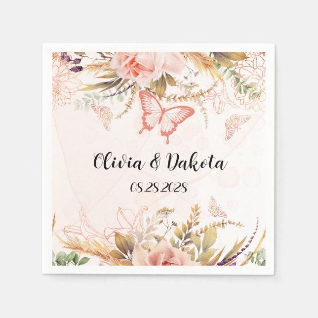 Chic Botanical Peony Butterfly Wedding Napkin (Front)