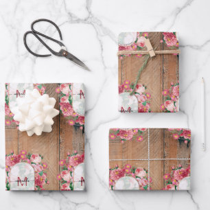 Chic Botanical Vintage Wreath Monogram Wood Wrapping Paper Sheet
