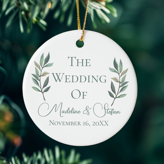 Chic Botanical Wedding Couple Photo Christmas Ceramic Tree Decoration (Creator Uploaded)