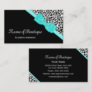 Chic Boutique Black and White Leopard Aqua Ribbon Business Card