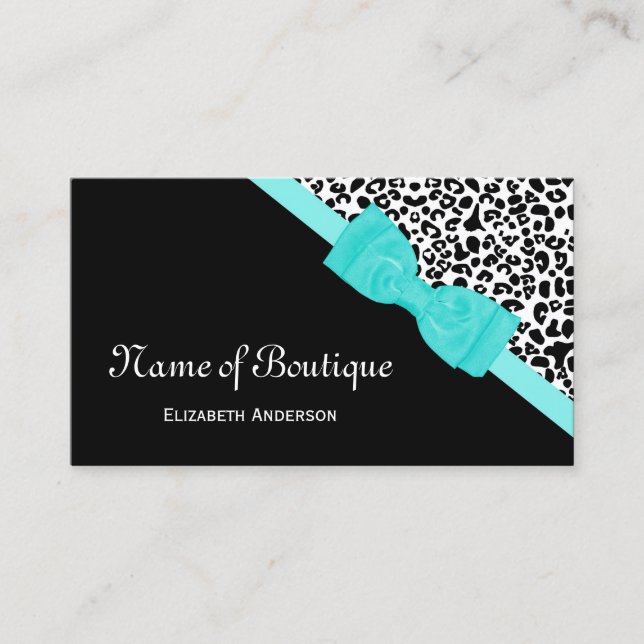 Chic Boutique Black and White Leopard Aqua Ribbon Business Card (Front)