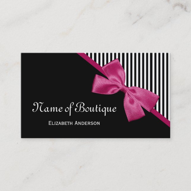 Chic Boutique Black and White Stripes Pink Ribbon Business Card (Front)