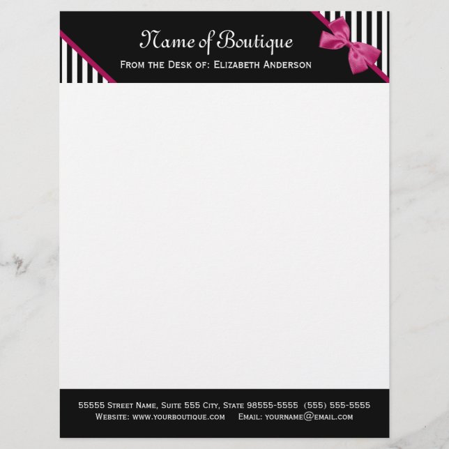 Chic Boutique Black and White Stripes Pink Ribbon Letterhead Template (Front)