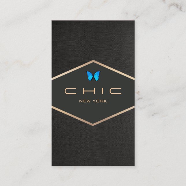 Chic Boutique Faux Black Linen Blue Butterfly Business Card (Front)