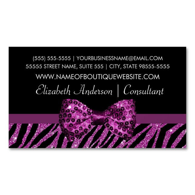 Chic Boutique Purple Zebra Print FAUX Glitz Bow Magnetic Business Card (Front)