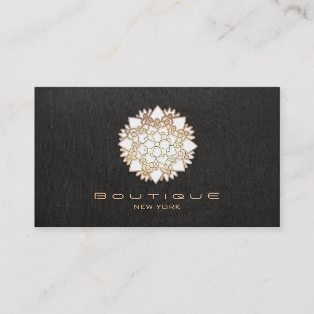 Chic Boutique White Lotus Flower Faux  Black Linen Business Card (Front)