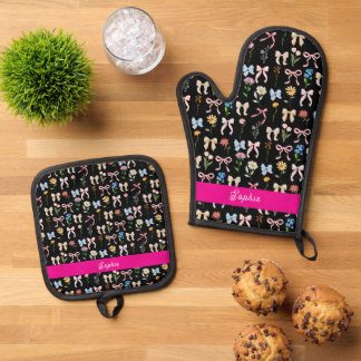 Chic Bow Black Floral Elegance Pattern Oven Mitt & Pot Holder Set