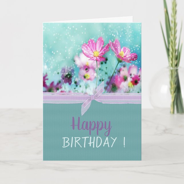 Chic Bow Flowers Meadow Birthday Card (Front)