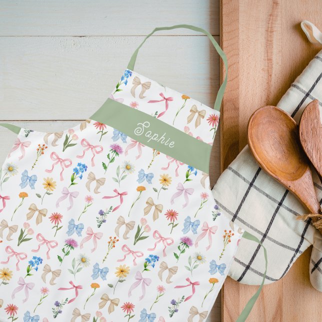Chic Bow Green Floral Elegance Pattern Baking Apron (Creator Uploaded)