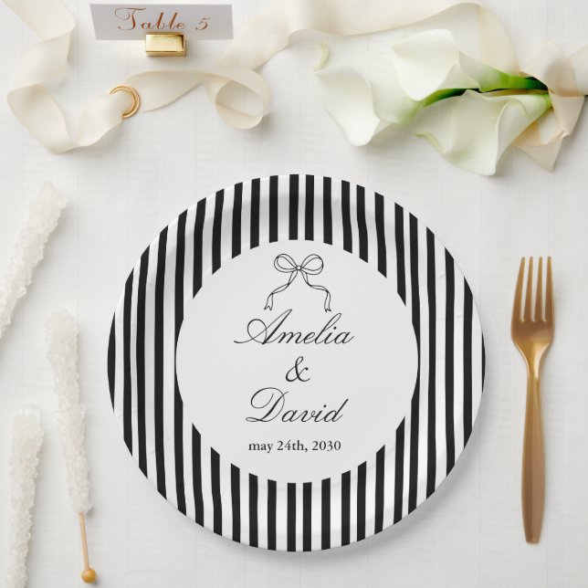 Chic Bow Minimalist Stripe Black White Paper Plate (Wedding)