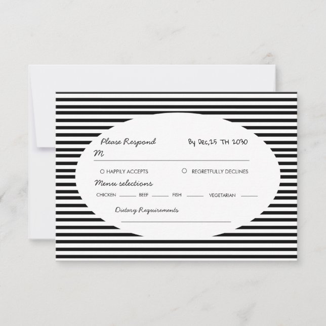 Chic Bow Minimalist Stripe Black White RSVP Card (Front)