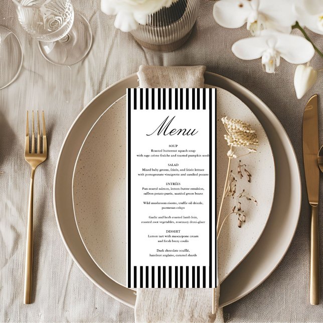 Chic Bow Minimalist Stripe Black White wedding Menu (Creator Uploaded)