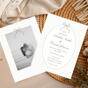 Chic Bow Minimalist Stripe Green Wedding Invitation