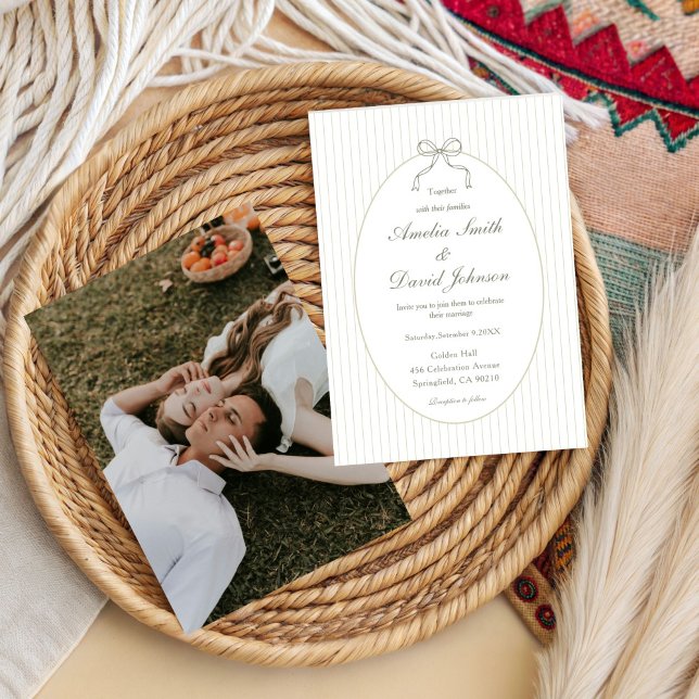 Chic Bow Minimalist Stripe Green Wedding  Invitation (Creator Uploaded)