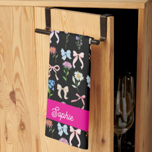 Chic Bow Pink Black Floral Elegance Pattern Tea Towel