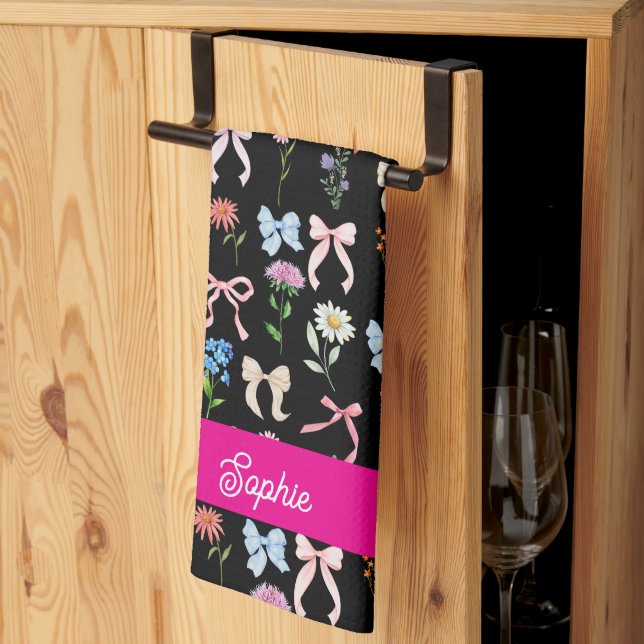 Chic Bow Pink Black Floral Elegance Pattern Tea Towel (Thirds Fold)