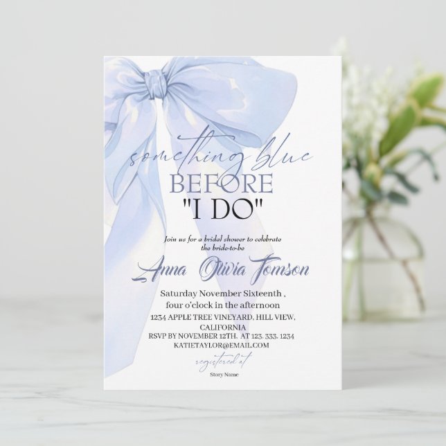 Chic Bow Something Blue Before I DO Bridal Shower Invitation (Standing Front)