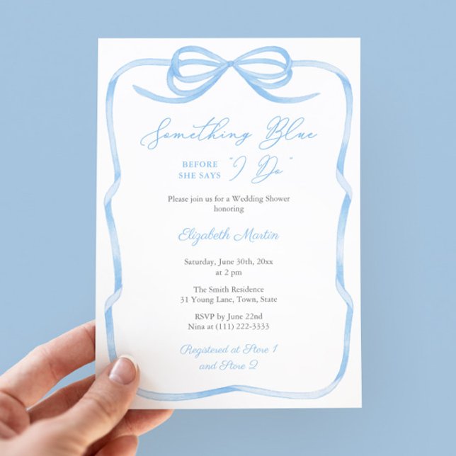 Chic Bow Something Blue Before I Do Bridal Shower Invitation (Something Blue Before I Say I Do light blue coquette bow theme bridal shower party invitation)