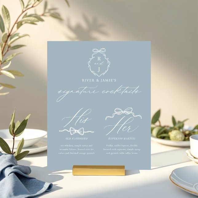 Chic Bows & Bowtie His Her Signature Drink Wedding Acrylic Sign (Chic Blue Bows & Bowtie His Her Signature Drink Wedding Acrylic Sign)