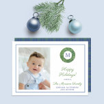 Chic Boxwood Wreath Monogram Tartan Family Photo Holiday Card<br><div class="desc">An elegant Happy Holidays photocard with space for a single letter monogram and a family photo. The wreath was originally handpainted by me in watercolors onto 100% cotton paper before being scanned and arranged / styled digitally. The pattern on the reverse was created digitally.</div>