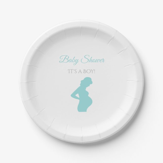 Chic Boy Baby Shower Pregnant Woman Baby Bump Paper Plate (Front)