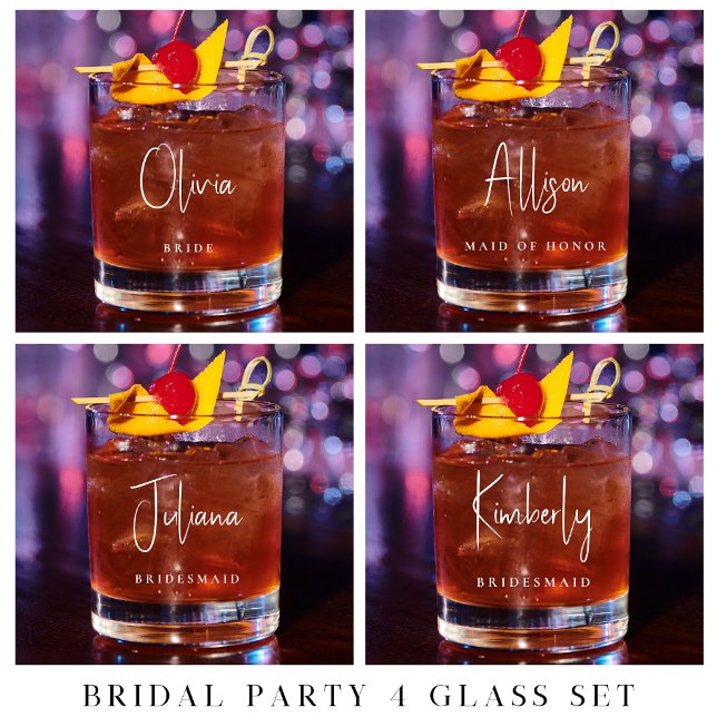 Chic Bridal Party White Script Monogram Wedding Whiskey Glass (Creator Uploaded)