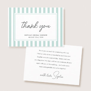 Chic Bridal Shower Modern Script Teal Stripes Thank You Card