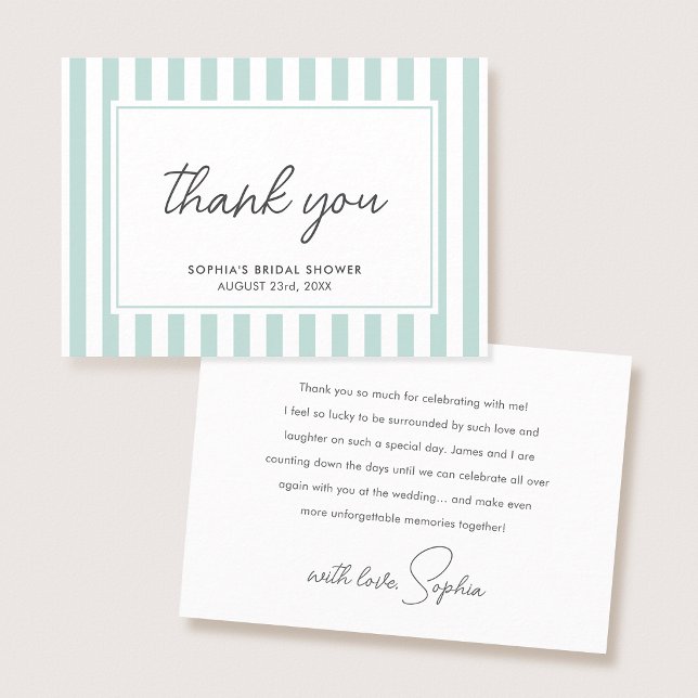 Chic Bridal Shower Modern Script Teal Stripes Thank You Card (Creator Uploaded)