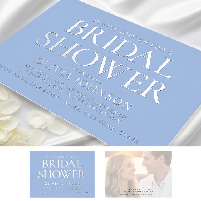 Chic Bridal Shower Photo Typography Blue Silver (Creator Uploaded)