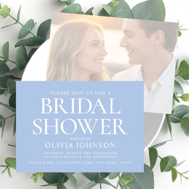 Chic Bridal Shower Photo Typography Wedding Blue Invitation (Creator Uploaded)