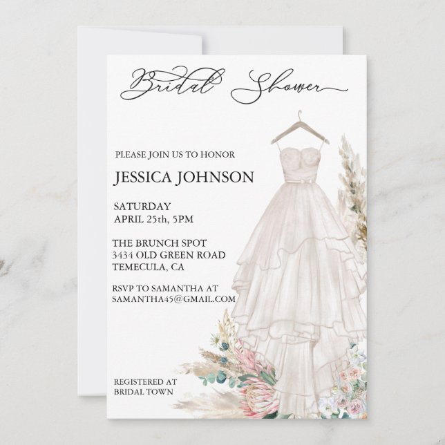 Chic Bridal Shower Wedding Dress Pampas Grass  Invitation (Front)