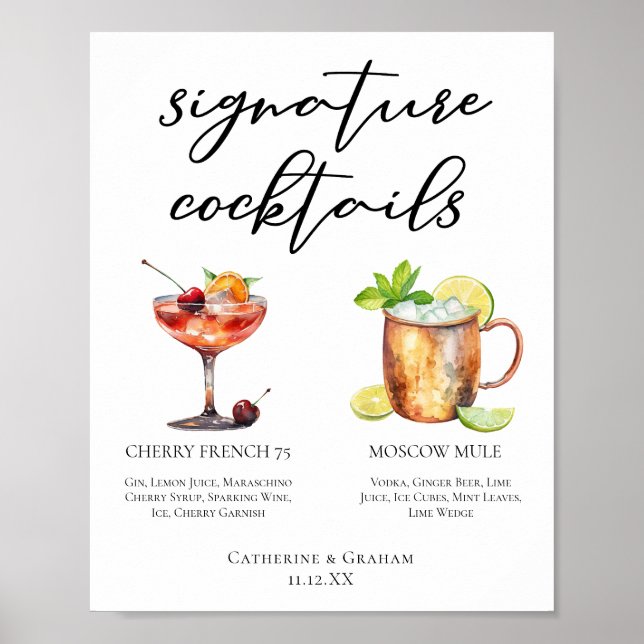 Chic Bride Groom Signature Cocktails Wedding Menu Poster (Front)