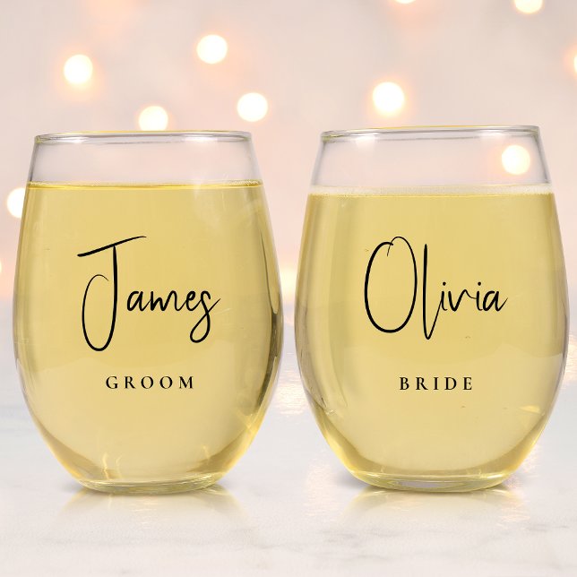 Chic Bride Groom Wedding Stemless Wine Glass (Creator Uploaded)