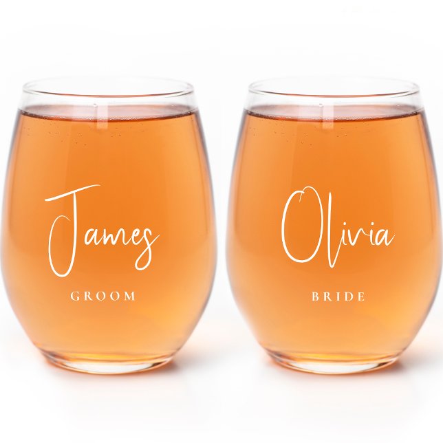 Chic Bride Groom White Script Wedding Stemless Wine Glass (Creator Uploaded)
