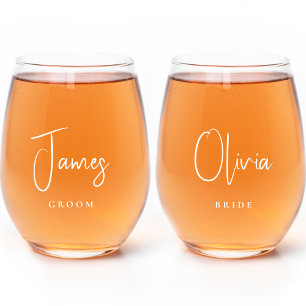 Chic Bride Groom White Script Wedding Stemless Wine Glass