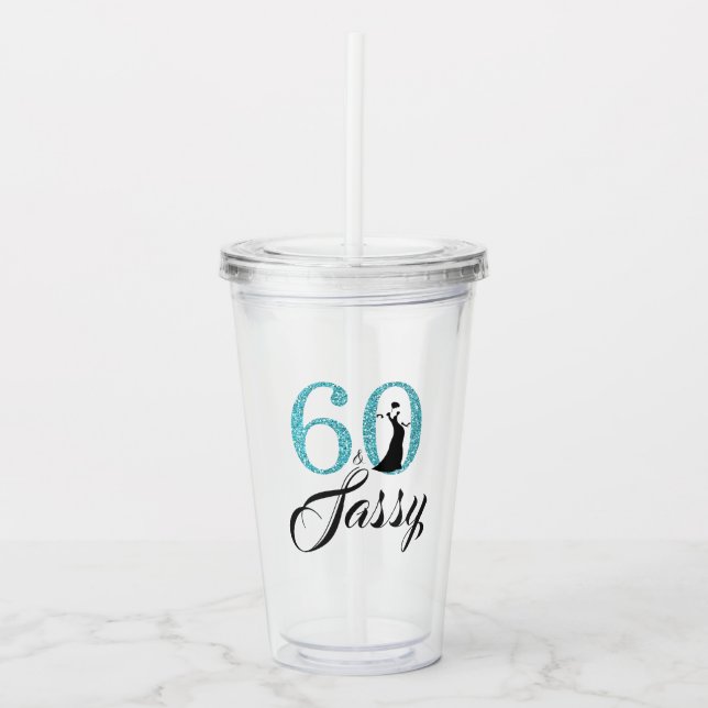 Chic Bright Blue Glitter Sixty Sassy 60th Birthday Acrylic Tumbler (Front)