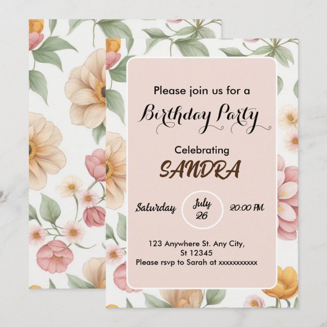 chic bright Pink Garden Floral Birthday Invitation (Front/Back)
