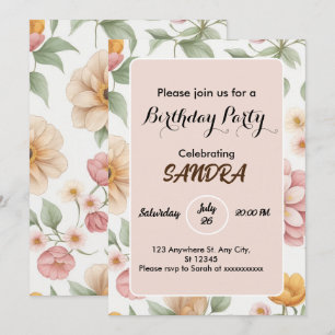chic bright Pink Garden Floral Birthday Invitation