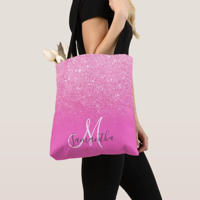 Chic bright pink glitter ombre block monogram tote bag (Close Up)
