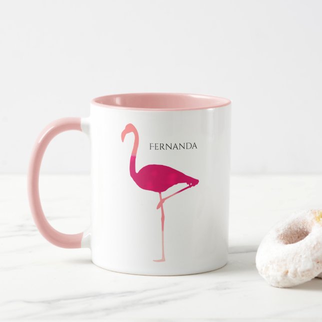 Chic Bright Pink Personalised Watercolor Flamingo Mug (With Donut)