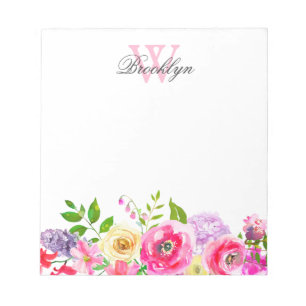 Chic Bright Pink Purple Floral Monogrammed Notepad