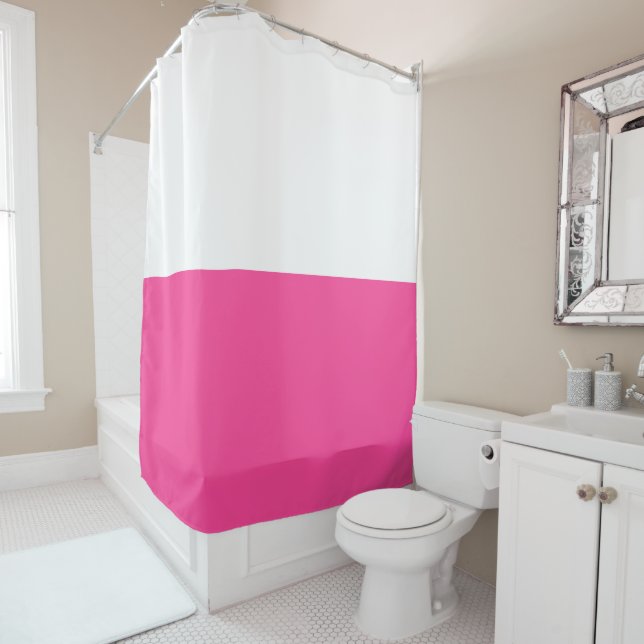 Chic Bright Pretty Candy Pink White Colour Block Shower Curtain (In Situ)
