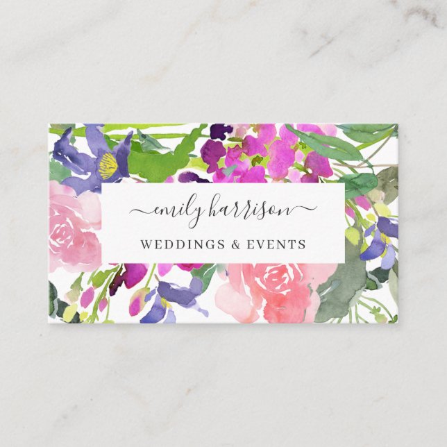 Chic Bright Watercolor Floral Blush Business Card (Front)