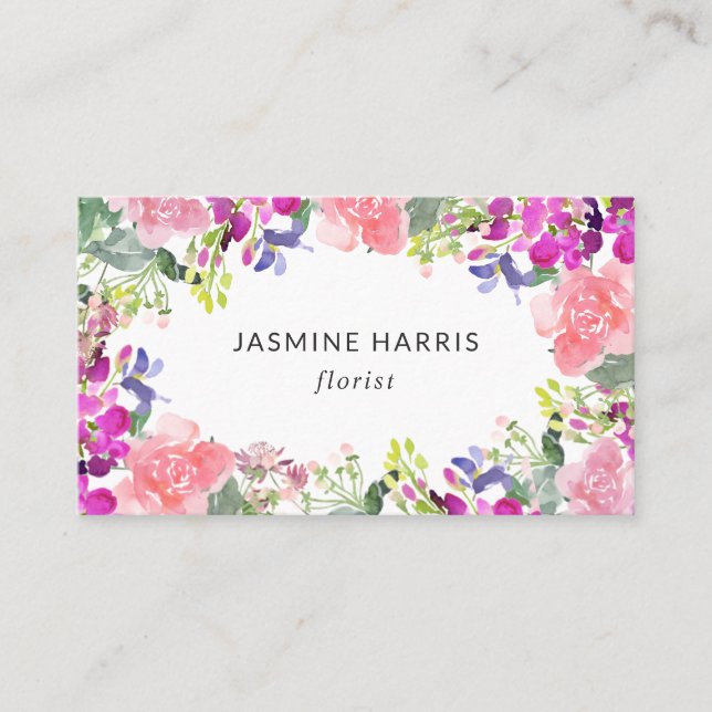 Chic Bright Watercolor Floral Business Card (Front)
