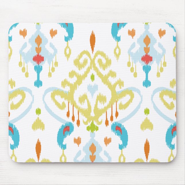 Chic bright yellow and blue tribal ikat print mouse mat (Front)