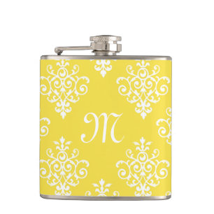 Chic Bright Yellow Damask and Fashionable Monogram Hip Flask